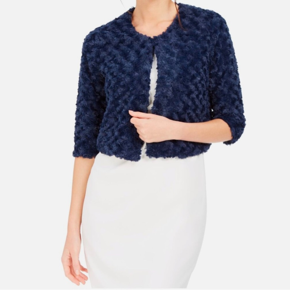 Robbie Bee Women’s Navy Faux Fur Shrug/Cardigan, perfect layering piece, Size PS